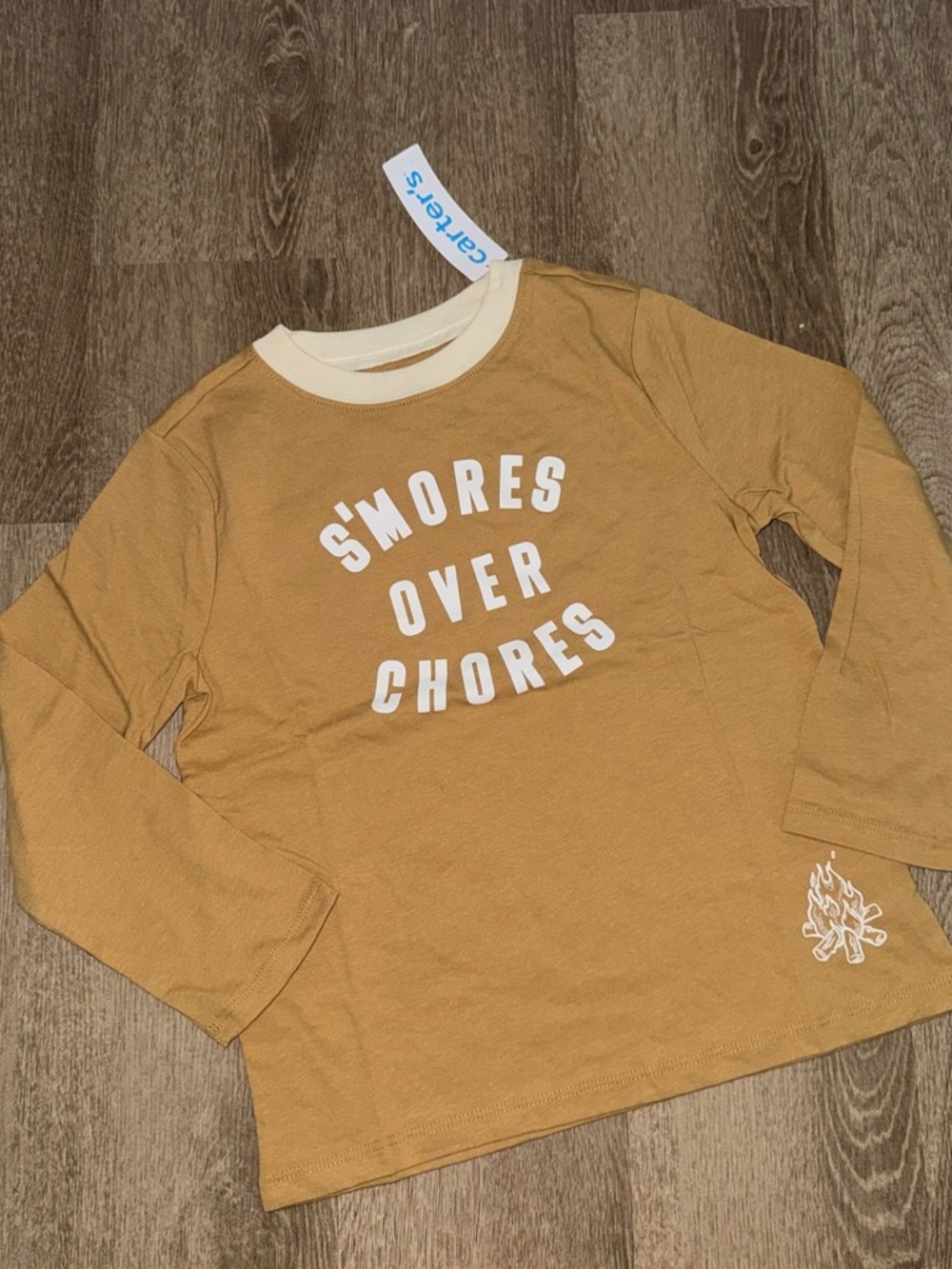 Carter's Mustard Long Sleeve Tee with Cream Trim and 'S'mores Over Chores'